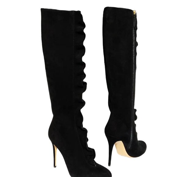 NEW VALENTINO GARAVANI BLACK SUEDE RUFFLE EMBELLISH KNEE BOOTS ITALIAN 36.5 - Picture 3 of 8